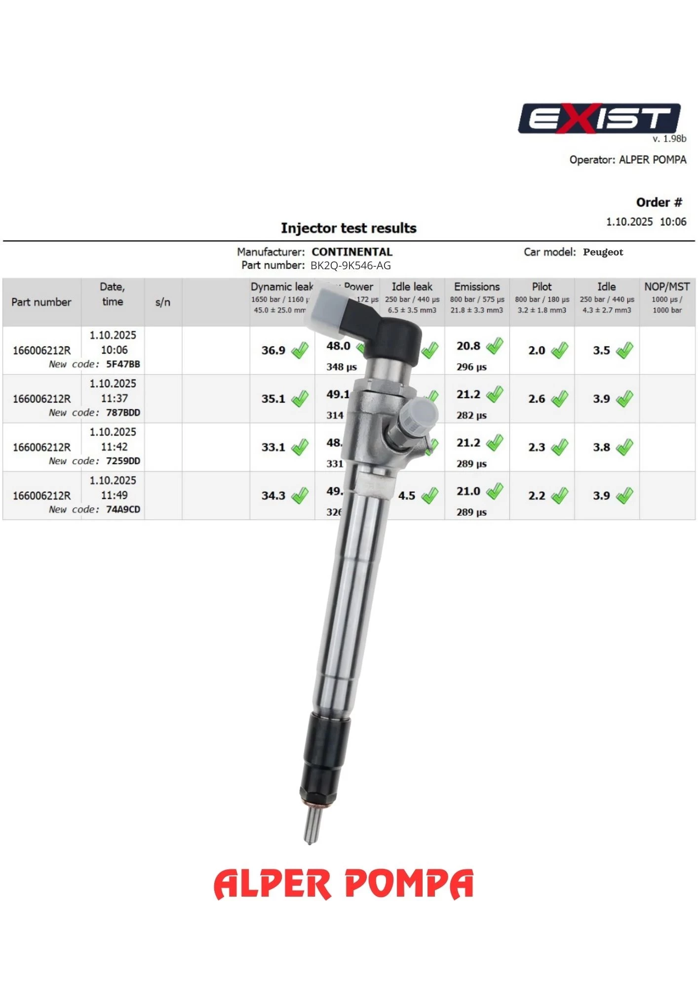 SIEMENS  BK2Q9K546AG - 9801125480 - A2C59517051  ENJEKTÖR  FORD TRANSİT - CUSTOM,  PEUGEOT BOXER, CİTROEN JUMPER EURO 5