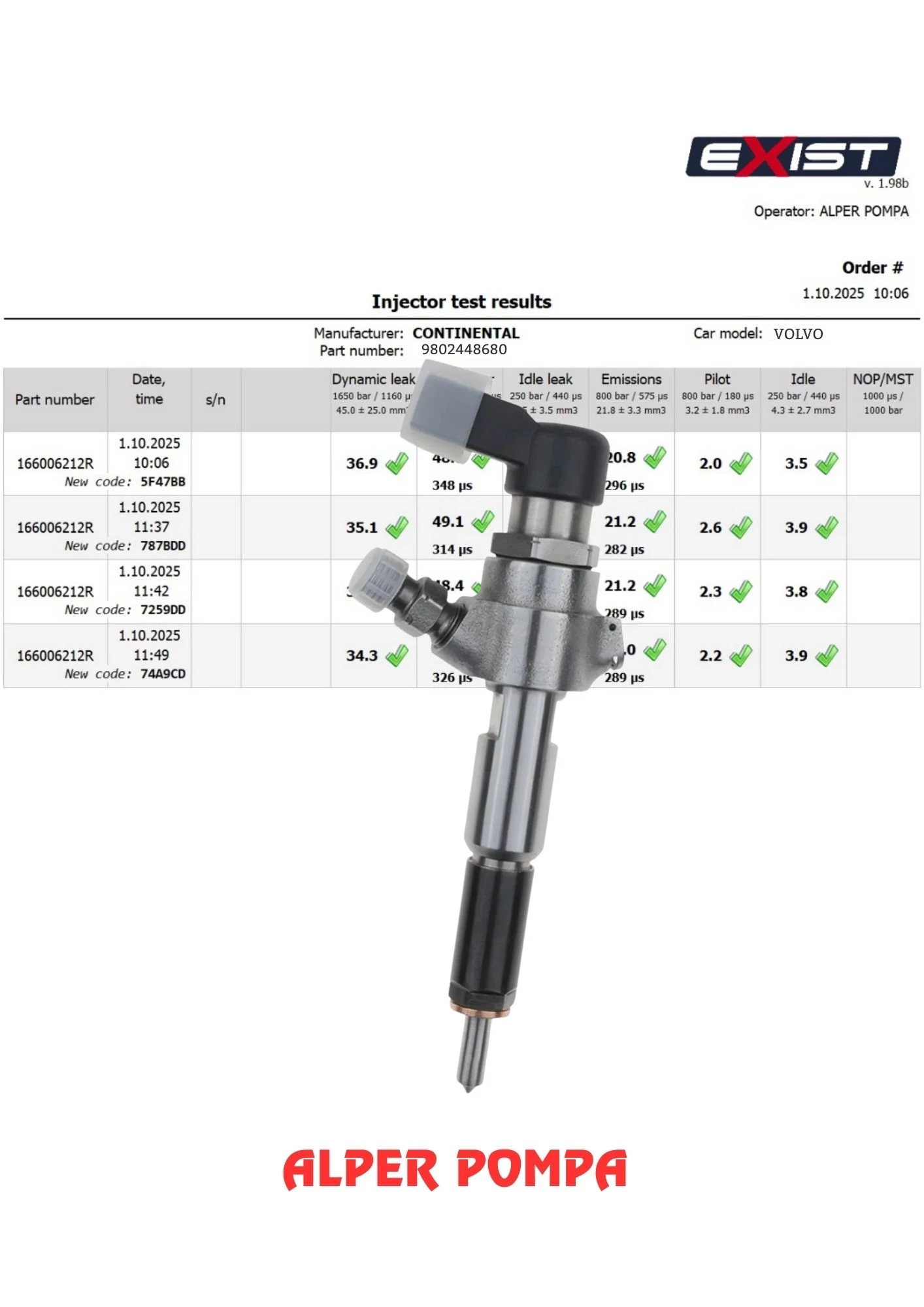 SIEMENS  9802448680  A2C59513556 Peugeot 2008/Ford Transit Connect/Volvo C60 Enjektör 1.6 Hdi EURO5